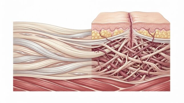 Fascia and connective tissue structure with collagen fibers and tissue adhesion, showcasing the body&rsquo;s anatomical network and layout.