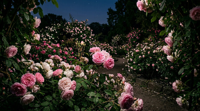 Enchanting night garden path through blooming pink and white rose bushes under soft starlight