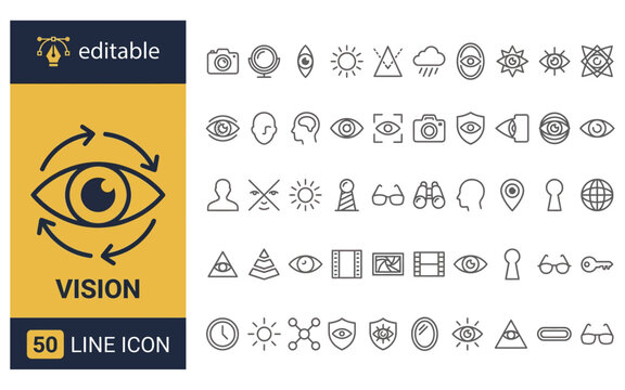 Vision and perception line icon set with eye focus lens camera human head sight concepts for optics.