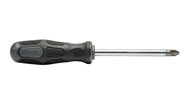 A single Phillips screwdriver lies horizontally, highlighting its textured grip and polished metal shaft on transparency
