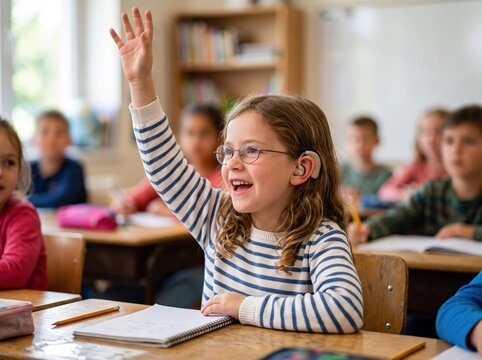 happy schoolgirl with hearing aid raising hand eagerly in classroom