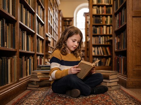 child sitting cross-legged reading old book in cozy library aisle