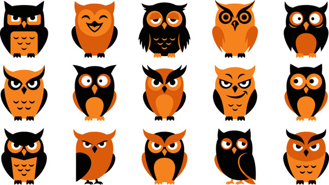 Set of cute cartoon owl characters with different expressions