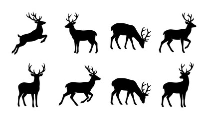 Fototapeta premium Deer Silhouette Collection, Majestic Stag Vector Icons, Wildlife Animal Graphics, Forest Creature Illustrations, Hunting Season Symbols