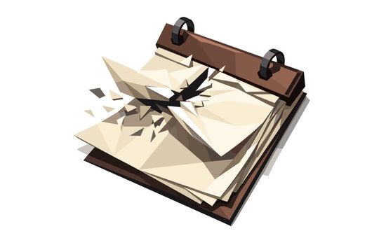 calendar page tear, the obstacle and tension moment showing the page resisting partially, angular folds and slight misalignment