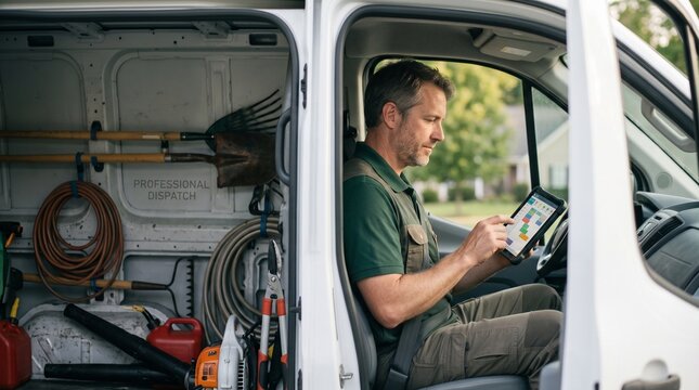 Landscaping business owner planning routes on tablet, small service company digital transformation, mobile job scheduling and field operations workflow