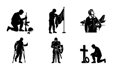 Fototapeta premium Military Soldier Silhouettes: Remembrance, Warrior, Pilot, Veteran, Knight, Heroic Icons