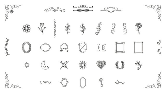 Set of vintage decorative elements, floral ornaments, frames, and dividers isolated on white background