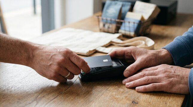 Hands using contactless card reader at shop counter, small business payment transformation, modern checkout detail with secure digital transaction concept