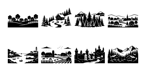 Fototapeta premium Vector Landscape Silhouettes: Rural Farms, Coastal Towns, Mountain Villages, Forest Scenes, and European Architecture