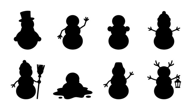 Set of 8 Snowman Silhouettes, Winter Characters, Festive Holiday Icons, Black and White Vector Graphics for Christmas and New Year Designs