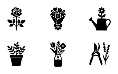 Fototapeta premium Floral Icons Set, Vector Graphics: Rose, Bouquet, Watering Can, Potted Plant, Vase Arrangement, Garden Pruners, Lavender Sprigs