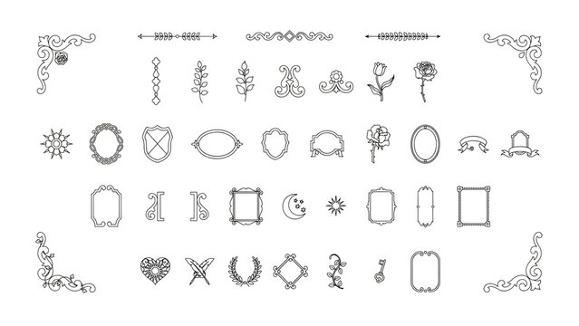 Set of vintage decorative elements, floral ornaments, frames, and dividers for wedding invitation design