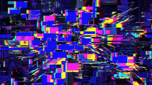 Digital data corruption glitch effect with chaotic neon blue and bright pink geometric pixelated shapes for distorted screen error interface background texture creative art design.