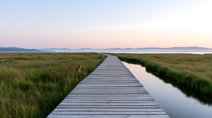 Obraz premium Serene wooden boardwalk winding through a grassy wetland marsh at sunrise with a distant coyote Canis latrans standing near the path
