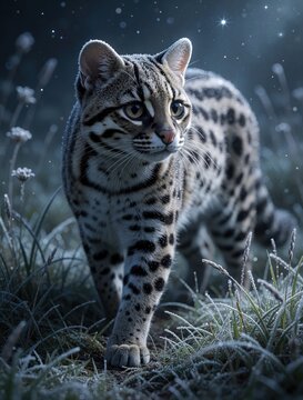 Frost-covered oncilla stands as central figure in editorial illustration, characterized by camouflaged fur, piercing eyes. Walks across frost-kissed meadow under meteor-shower-studded sky, with