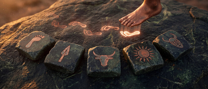 Ancestral journey and cultural path concept, person walking on symbolic stones, heritage exploration, ancient footprints, historical guidance, spiritual connection to roots