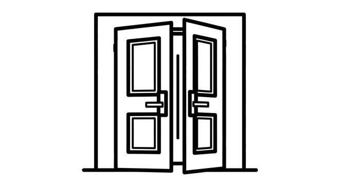 Open double doors a black and white line drawing illustration