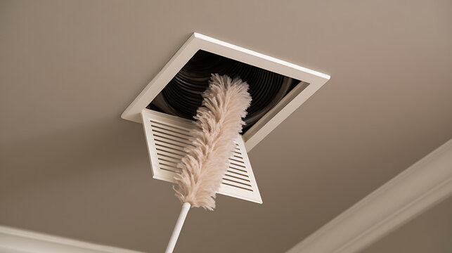 A close up view of a long feather duster cleaning dust and dirt from inside a ventilation duct opening in a residential ceiling interior room