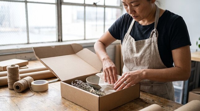 A focused artisan carefully packs an order into a shipping box, wrapping delicate items with tissue paper.