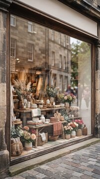 An inviting storefront window displays an array of artisanal home decor and fresh floral arrangements, reflecting the charming architecture of an old European street.