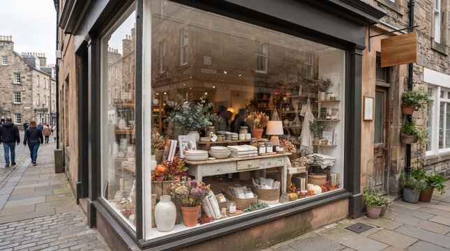 A charming boutique storefront, brimming with curated home decor and plants, invites passersby to discover unique treasures within its inviting display window.