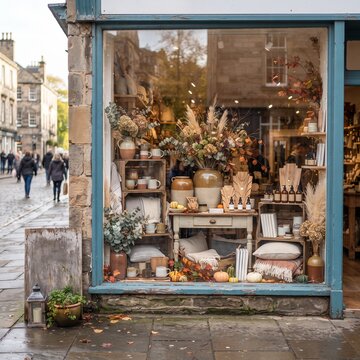 A quaint shop window, artfully arranged with autumnal decor, showcases a charming display of home goods, vases, and jewelry, inviting passersby on a cobblestone street.
