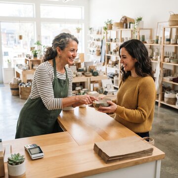 A friendly shopkeeper assists a customer in a bright, natural-light boutique, offering personalized service and creating a warm, inviting atmosphere for a delightful shopping experience.