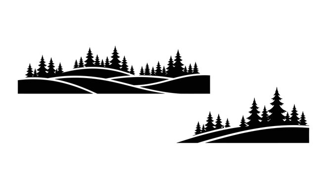 Forest silhouette with rolling hills against a white background