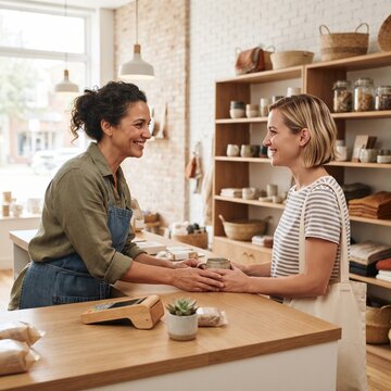 A shopkeeper with a friendly smile assists a customer in a charming boutique, creating a warm and inviting shopping experience.