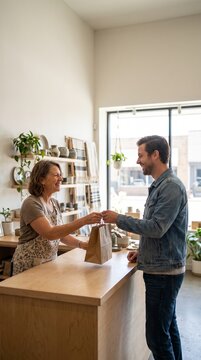 A friendly shopkeeper hands a brown paper bag to a smiling customer across a wooden counter in a bright, airy retail store, creating a positive and welcoming exchange.