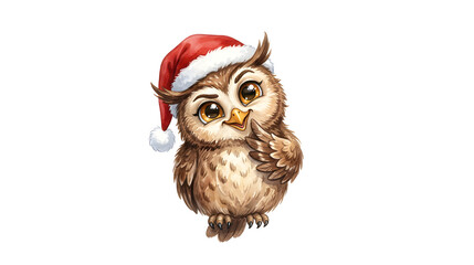 Obraz premium A charming cartoon Christmas owl tilting its head thoughtfully, one eyebrow raised, huge inquisitive sparkling eyes, curious smile, one tiny wing touching its chin, fluffy brown-and-cream feathers, 