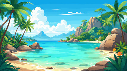 Naklejka premium Tropical lagoon landscape with rocks, palm trees, turquoise water, and calm island scenery, lagoon, rocks, palm trees, water,