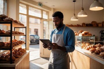 Fototapeta premium Black man in apron checks inventory on tablet. Bakery owner manages stock, reviews digital sales data. Small business entrepreneur uses tech in his shop.