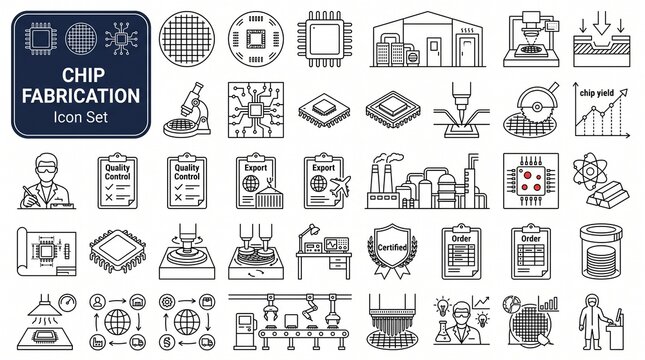 Thirty line icons for semiconductor chip fabrication, from wafer processing to final quality testing.