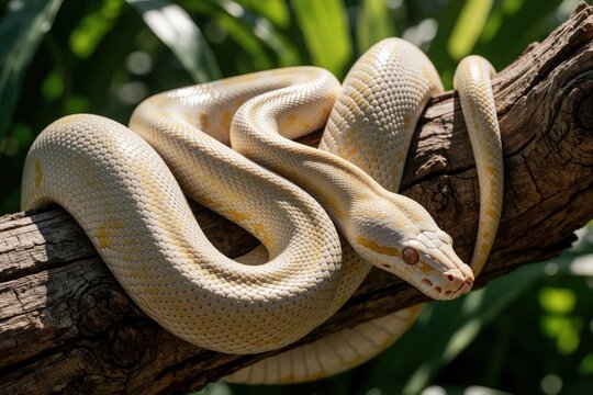 Albino python snake rests coiled on tree branch. Pale yellow reptile has pink eyes and yellow markings. It waits in natural green foliage background, basking in sunlight.
