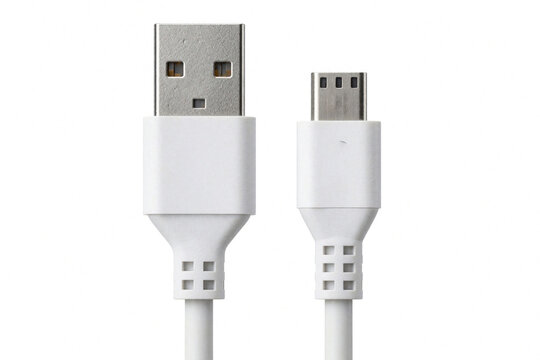 White USB A to micro USB cable shown on plain background. Connects devices for charging or data transfer. Simple tech accessory for modern gadgets.