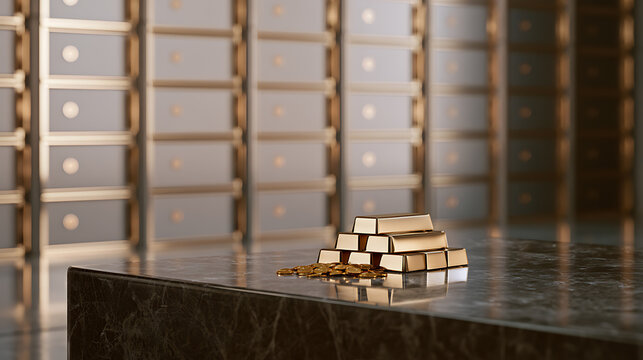 Gold bars and coins stacked on a marble table inside a secure bank vault with rows of metal safety deposit boxes in the dark room background