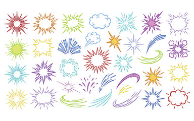 Comic book speed lines and explosion effects set with colorful burst shapes for dynamic motion design. © PNG world
