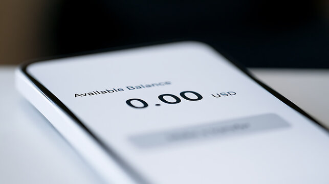 Close up view of a smartphone screen display show zero balance in american dollar currency concept of debt poverty financial crisis and loss