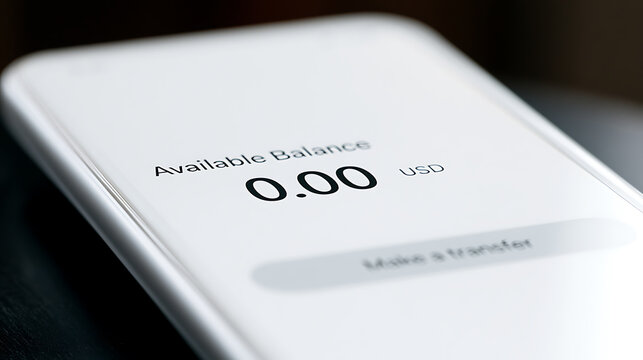Mobile phone screen display show zero available balance in usd currency for financial concept bankruptcy debt economy poverty and money issue