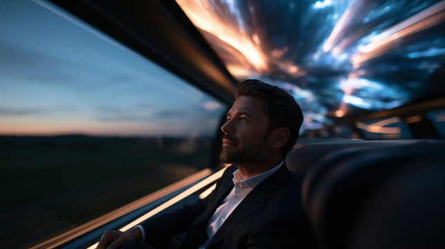 Businessman Looking Out Window on Futuristic High Speed Train