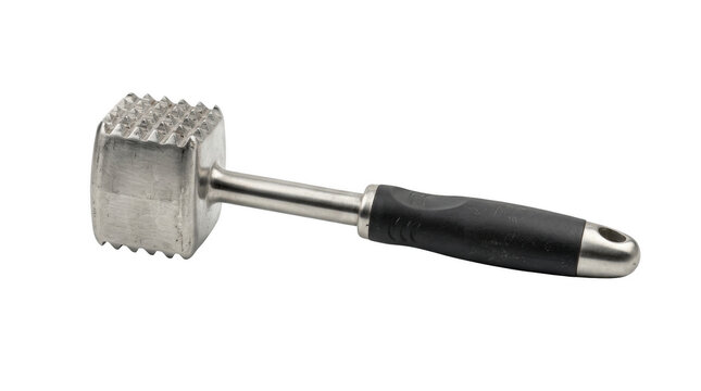 Stainless steel meat mallet isolated diagonally for tenderizing steaks, food preparation, grilling, and cooking