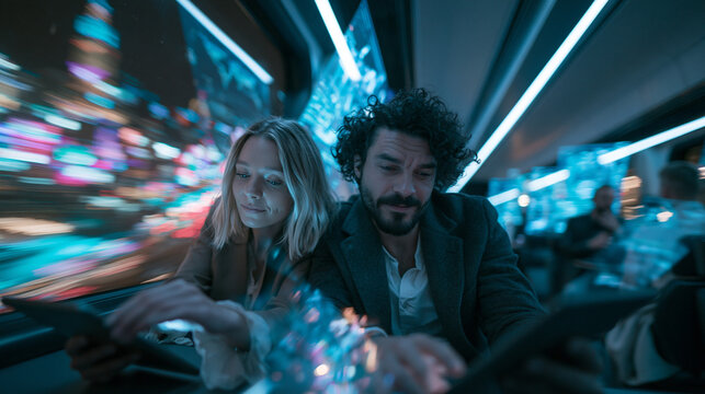 Couple Traveling on High Speed Futuristic Train at Night