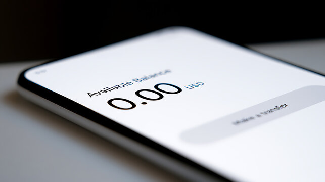 A close-up shot of a smartphone screen displaying zero dollar available balance, representing financial trouble and poverty in modern life
