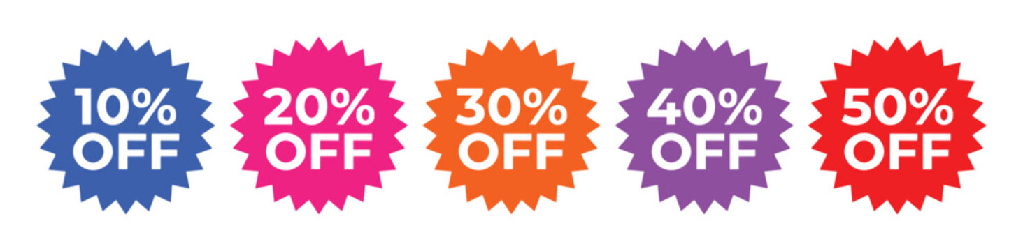 Discount Stars: A collection of five starburst-shaped icons displaying discount percentages from 10% to 50% OFF, representing a variety of sale offers.