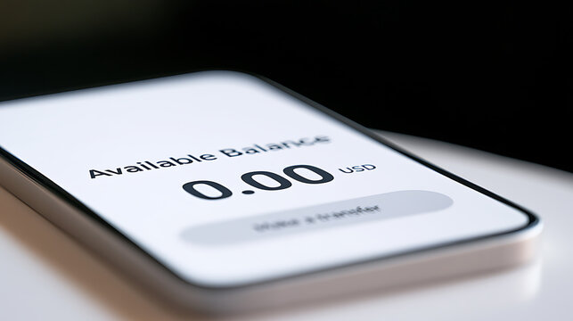 Smartphone screen showing zero available balance in US dollars currency, concept of financial trouble, debt, poverty, and empty bank account