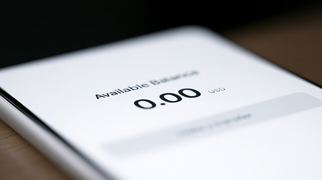 Smartphone screen showing zero available balance in a bank account, concept of financial trouble, poverty, debt, bankruptcy, and money loss