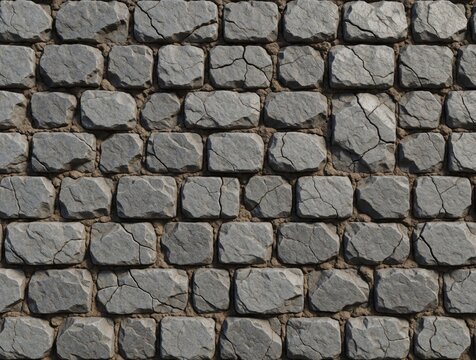Seamless grey stone block texture. Cobblestone wall pattern with rough rock surface, cement grout. Dark granite masonry background for architectural design. Solid stone pavement street wall surface