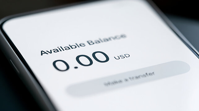 Smartphone screen showing zero available balance in US dollar currency on a mobile banking application interface for financial concept
